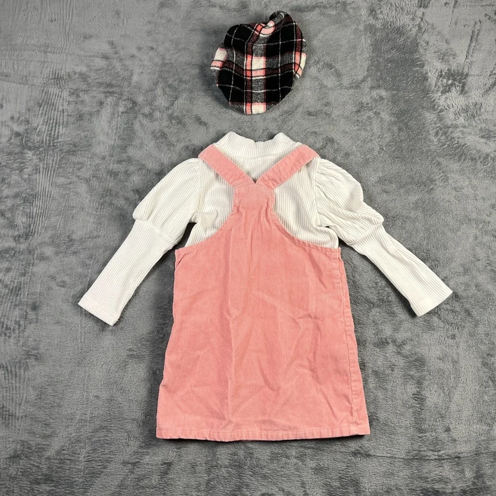 The Childrens Place Overall Dress 3 Piece Girls 4T Pink White Corduroy Plaid Hat
